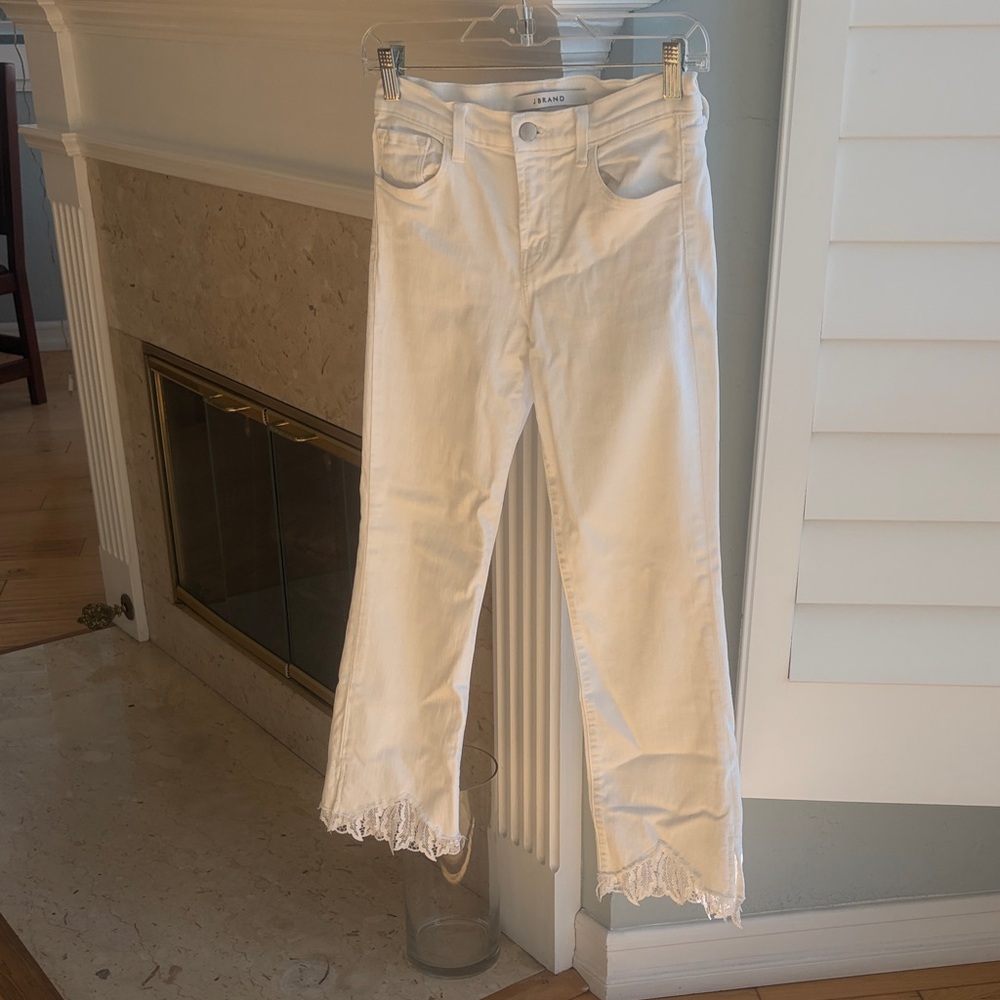 J Brand White Cropped Jeans with Lace Trim